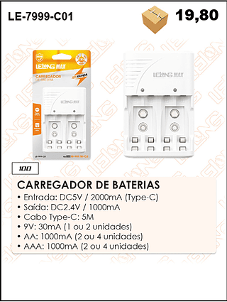 CARREGADOR DE BATERIAS 100PÇ=19,8$