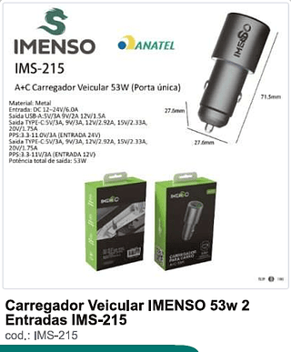 Carregador Veicular IMENSO 53w 2 Entradas 100PC/CX R$20,7