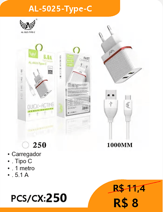 Carregador TIPO-C PCS/CX:250 R$ 8