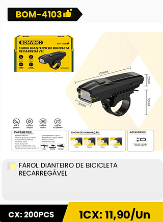 FAROL DIANTEIRO DE BICICLETA RECARREGÁVEL CX: 200PCS 1CX: 11,90/Un
