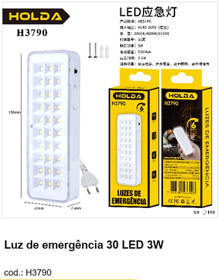 Luz de emergência 30 LED 3W R$ 9 PC/CX:100