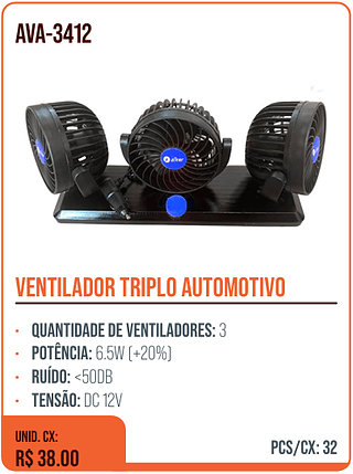 VENTILADOR TRIPLO AUTOMOTIVO UNID. CX: R$ 38.00 PCS/CX: 32