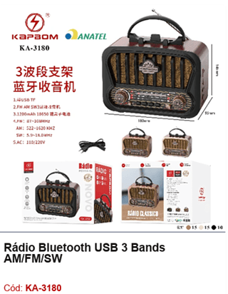 Rádio Bluetooth USB 3 Bands AM/FM/SW R$53,1 PCS/CX:40