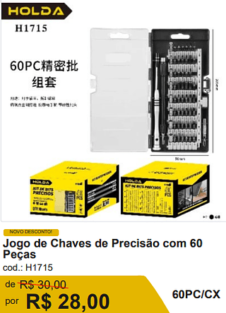 Jogo de Chaves de Precisão com 60 Peças R$ 25.20 60PC/CX