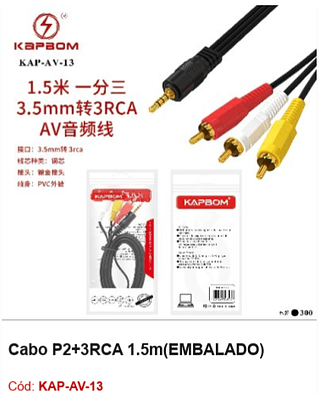 Cabo P2+3RCA 1.5m R$ 2,61 PCS/Cx:300