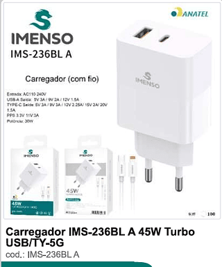 Carregador 45W Turbo USB/TY-5G 100PC/CX R$23,4