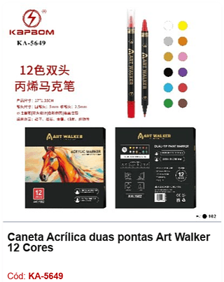 Caneta Acrílica duas pontas Art Walker 12 Cores R$ 13,5 PCS/CX: 102
