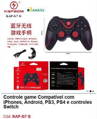 Controle game Compatível com iPhones, Android, PS3, PS4 e controles Switch R$ 43,2 PCS/Cx:60