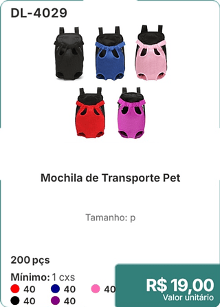 Mochila de Transporte Pet 200 pçs R$ 19,00