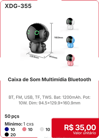 Caixa de Som Multimídia Bluetooth 50 pçs R$ 35.00