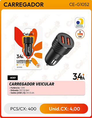 CARREGADOR VEICULAR PCS/CX: 400 Unid.CX: 4,00