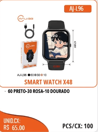 SMART WATCH X48 UNID.CX: RS 65.00 PCS/CX:100