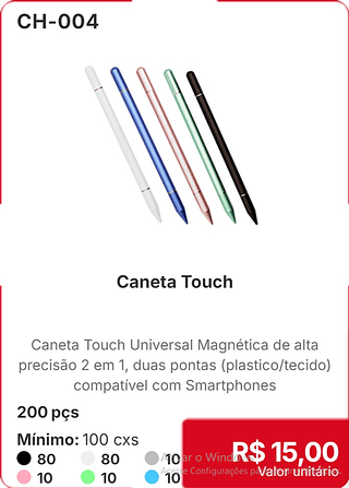 Caneta Touch 200 pçs R$ 15,00
