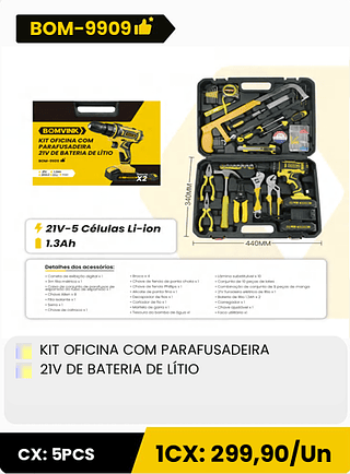 KIT OFICINA COM PARAFUSADEIRA 21V DE BATERIA DE LÍTIO CX: 5PCS 1CX: 299,90/Un