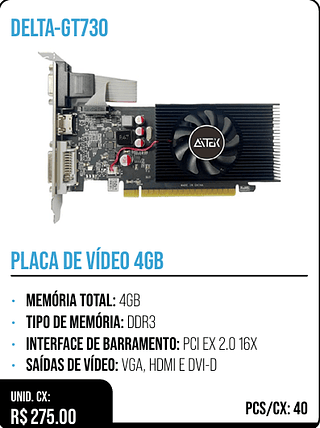 PLACA DE VÍDEO 4GB UNID. CX: R$ 275.00 PCS/CX: 40