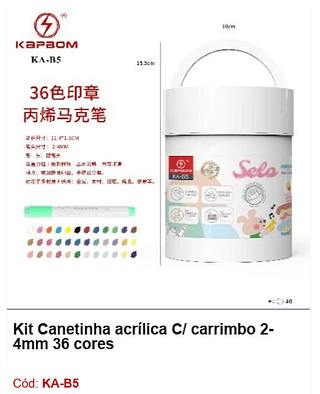 Kit Canetinha acrílica C/ carrimbo 24mm 36 cores R$ 16,2 PCS/CX: 40