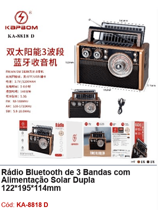 Rádio Bluetooth de 3 Bandas com Alimentação Solar Dupla 122*195*114mm R$76,5 PCS/Cx:36