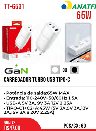 Carregador Turbo USB Tipo-c 60pç=47$