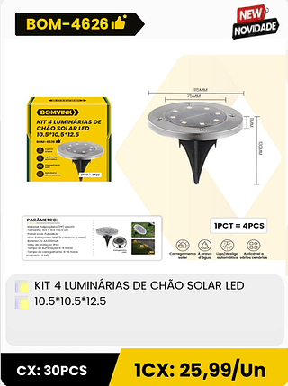 KIT 4 LUMINARIAS DE CHAO SOLAR LED 10.5*10.5*12.5 CX: 30PCS 1CX: 25,99/Un