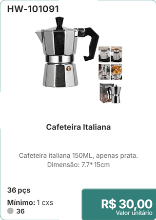 Cafeteira Italiana 36 pçs R$ 30,00