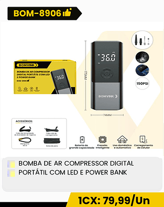 BOMBA DE AR COMPRESSOR DIGITAL PORTÁTIL COM LED E POWER BANK CX: 20PCS 1CX: 79,99/Un