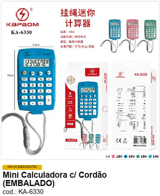 Mini Calculadora c/ Cordão R$ 3,33 PC/CX:500