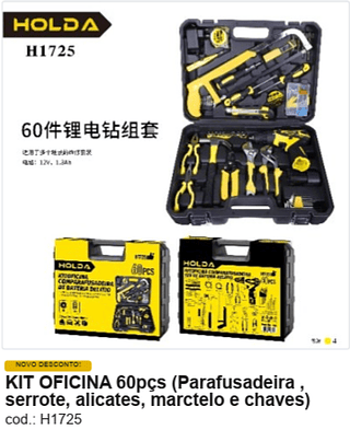 KIT OFICINA 60pçs (Parafusadeira , serrote, alicates, marctelo e chaves) R$ 243 PC/CX:4