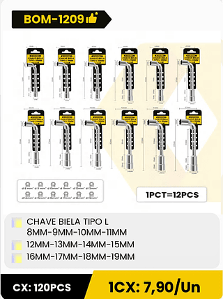 CHAVE BIELA TIPO L 8MM-9MM-10MM-11MM 12MM-13MM-14MM-15MM 16MM-17MM-18MM-19MM CX: 120PCS 1CX: 7,90/Un