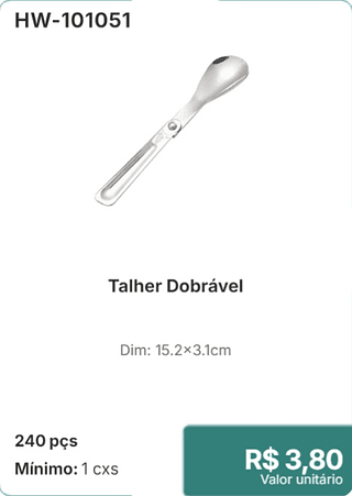 Talher Dobrável 240 pçs R$ 3.80