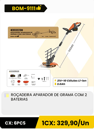 ROÇADEIRA APARADOR DE GRAMA COM 2 BATERIAS CX: 6PCS 1CX: 329,90/Un