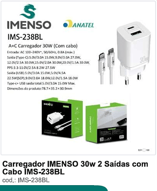 Carregador IMENSO 30w 2 Saídas com Cabo 100PC/CX R$19,8