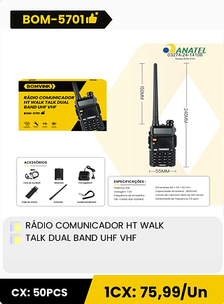 RÁDIO COMUNICADOR HT WALK TALK DUAL BAND UHF VHF CX: 50PCS 1CX: 75,99/Un