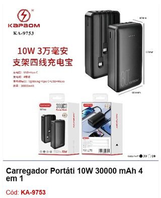 Carregador Portáti 10W 30000 mAh 4 em 1 R$76,5 PCS/CX: 40