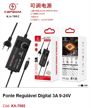 Fonte Regulável Digital 3A 9-24V R$ 20,7 PCS/CX: 100