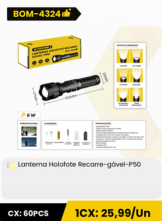 Lanterna Holofote Recarre-gavel-P50 CX: 60PCS ICX: 25,99/Un
