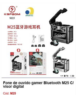 Fone de ouvido gamer Bluetooth M25 C/ visor digital R$13,5 PCS/CX:100