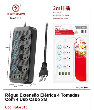 Régua Extensão Elétrica 4 Tomadas Com 4 Usb Cabo 2M R$ 27 PCS/Cx: 60
