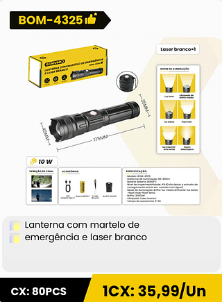 Lanterna com martelo de emergencia e laser branco CX: 80PCS 1CX: 35,99/Un