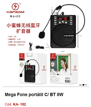 Mega Fone portátil C/ BT 8W R$ 26,1 PCS/CX: 75