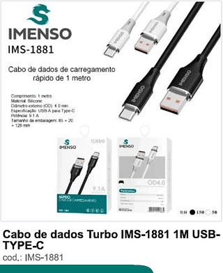 Cabo de dados Turbo 1M USB-TYPE-C 200PC/CX R$5,4