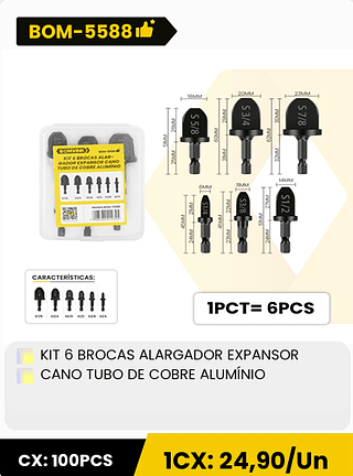 KIT 6 BROCAS ALARGADOR EXPANSOR CANO TUBO DE COBRE ALUMÍNIO CX: 100PCS 1CX: 24,90/Un