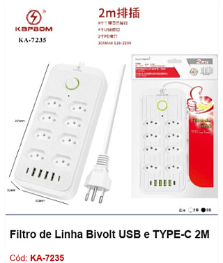 Filtro de Linha Bivolt USB e TYPE-C 2M R$ 34,2 PCS/CX:60