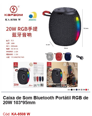 Caixa de Som Bluetooth Portátil RGB de 20W R$25,2 PCS/Cx:80
