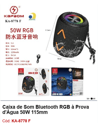 Caixa de Som Bluetooth RGB à Prova d'Água 50W R$35,1 PCS/CX:60