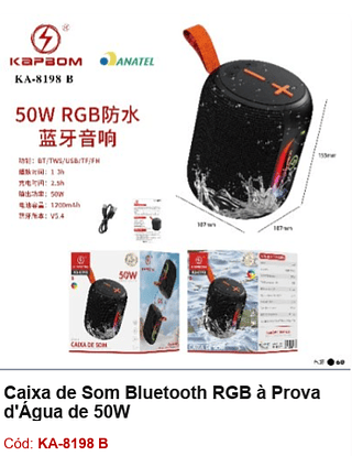 Caixa de Som Bluetooth RGB à Prova d'Água de 50W R$38,7 PCS/CX:60