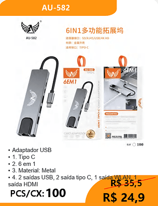 Adaptador USB PCS/CX: 100 R$ 24,9