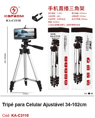 Tripé para Celular Ajustável 34-102cm R$ 19,8 PCS/CX:40