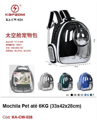 Mochila Pet até 6KG (33x42x28cm) R$ 52,2 PCS/CX: 50