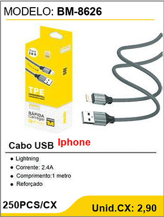 Cabo USB Iphone 250PCS/CX Unid.CX: 2,90
