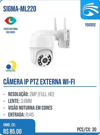 CÂMERA IP PTZ EXTERNA WI-FI UNID. CX: R$ 85.00 PCS/CX: 30